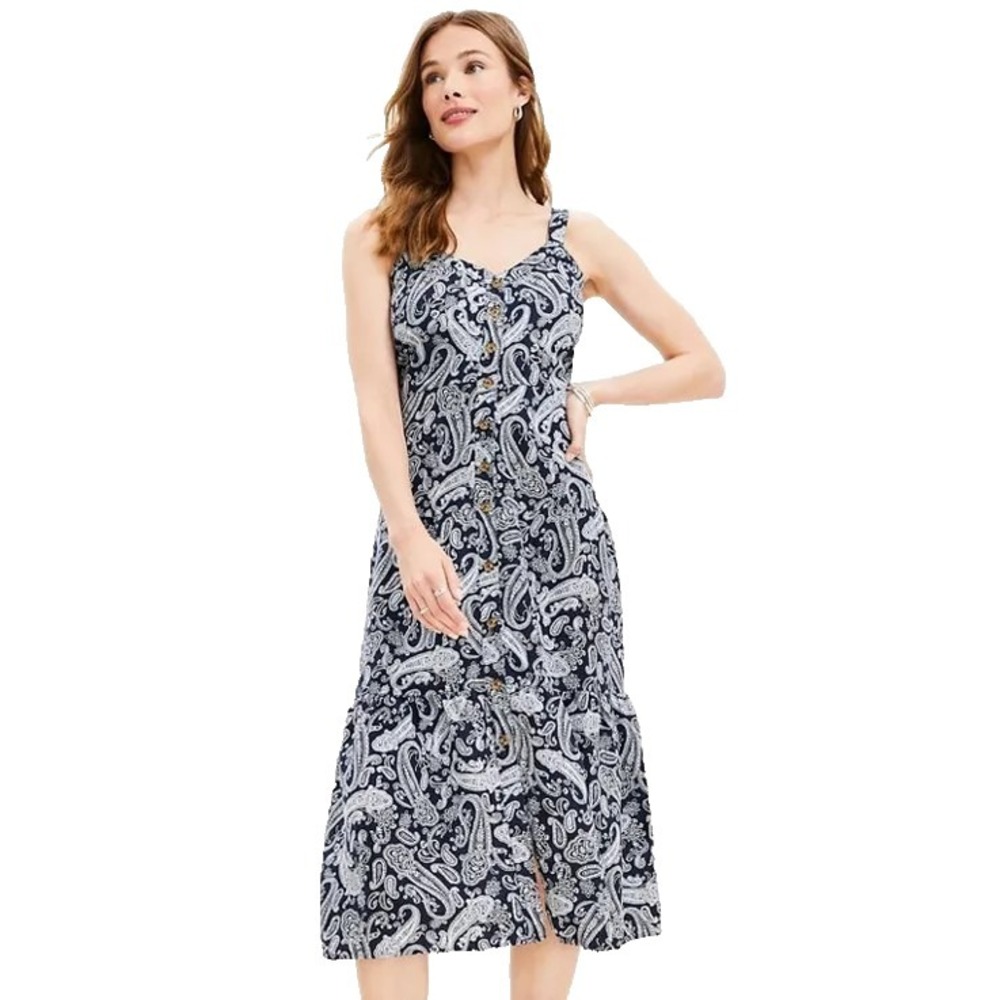 Loft Paisley Linen Blend Strappy Button Tiered Midi Dress Sz 16 Navy Blue New